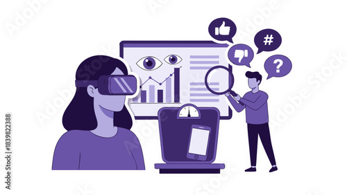 Person Wearing VR Headset Looks At Digital Analytics Chart With Thumbs Up Thumbs Down Icons And Magnifying Glass Over Data And Survey Results
