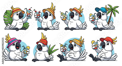 Cockatoo bird enjoying tropical drinks with hats