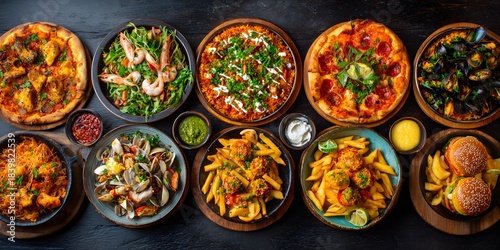 Wallpaper Mural Assorted International Food Platter – Pizza, Paella, Seafood, Burgers, Fries, Pasta, and Salads Torontodigital.ca