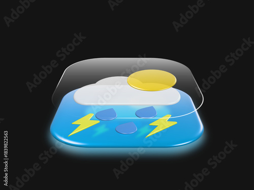 3D Glass Weather Icon with Cloud, Sun, Raindrops and Lightning. Colorful gradient elements create a soft, futuristic look suitable for UI design, mobile apps, weather widgets, and dashboards.