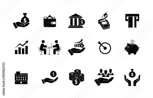 Finance icon set. Contains icons for loans, cash, savings, financial goals, profits, budgets, mutual funds, earnings, and income. Vector illustration.