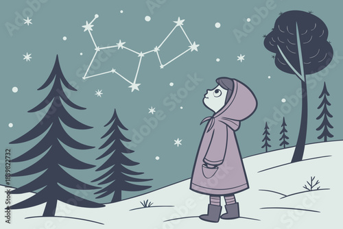 Vector Winter Night Starry Sky Forest Background with Cartoon Girl Standing