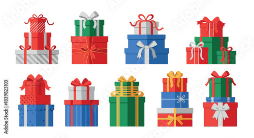 Stacked gift boxes with ribbons in various colors