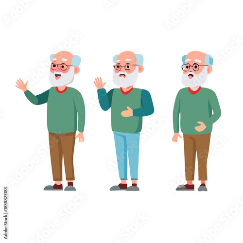 Grandpa character set in poses for animation.Flat vector illustration.