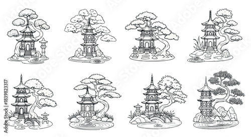 Japanese pagoda structures in tranquil garden scenes