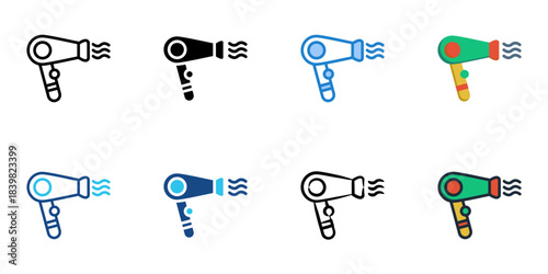 Hair dryer icon set multiple style vector collection. Editable Stroke 

