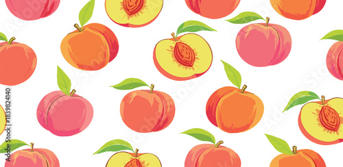 Seamless pattern of whole and halved peaches with leaves on a black background