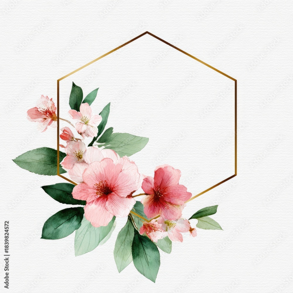 Obraz premium Watercolor floral arrangement with pink blossoms and green leaves frames a golden hexagon