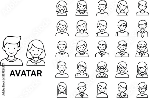 Avatar and user profile line art icons, people illustration set, male and female character symbols, business portraits, minimalist human face elements