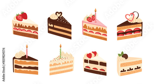Delicious assortment of eight individual cake slices, decorated with fruits, chocolate, and candles, ideal for parties and birthdays.