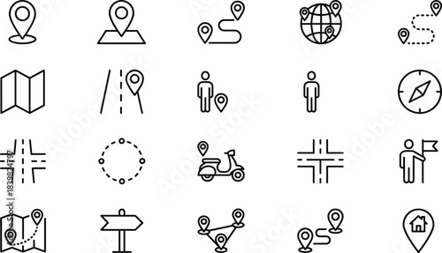 Location navigation line icon set, map GPS direction symbols, route tracking pointer destination outline vector collection for web mobile design