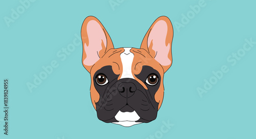 Cute fawn and black French Bulldog with white markings and expressive eyes, rendered in a charming cartoon style against a teal backdrop.
