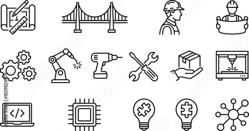 Engineering and construction line art icons, tools and machinery illustration set, industrial technology symbols, mechanical design, innovation, coding and manufacturing elements