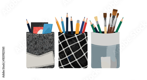 A colorful collection of art and office supplies, including pencils, paintbrushes, and stationery, neatly organized in three decorative containers.