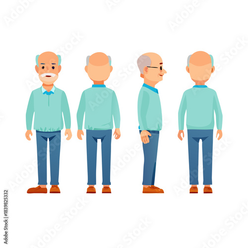 Elderly man character constructor for animation. Front, side and back view set. Body parts, postures, poses collection. Vector illustration.
