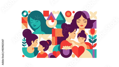 Vibrant Geometric Illustration of Mothers and Daughters Celebrating Family Love