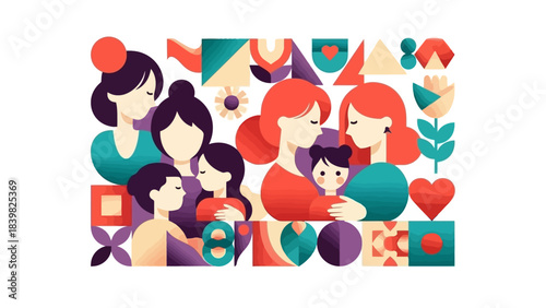 Diverse Group of Women and Girls Celebrating Togetherness in a Colorful Abstract Design