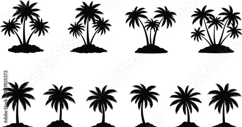 Silhouette palm trees collection on white background, tropical island icons, beach nature illustration set, coconut tree graphics for design and decoratio
