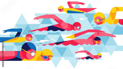 Vibrant Diverse Swimmers Competing in Dynamic Water Sports Illustration