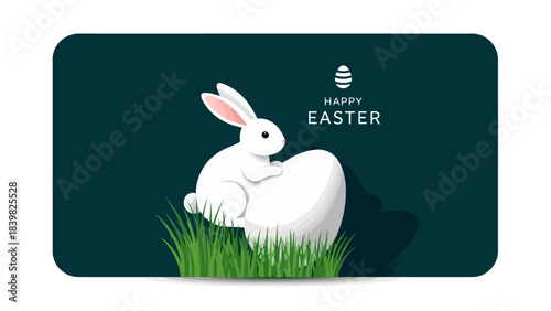 Happy Easter Bunny with Egg in Green Grass, Minimalist Vector Greeting Card