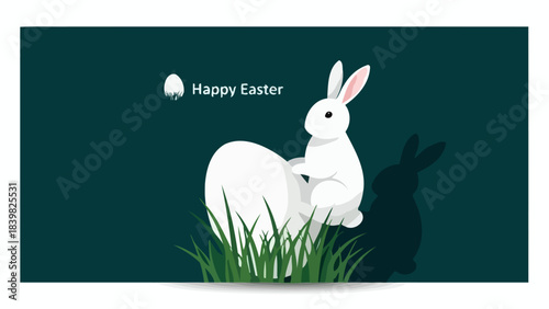 Happy Easter minimalist vector illustration of a white bunny with egg and grass