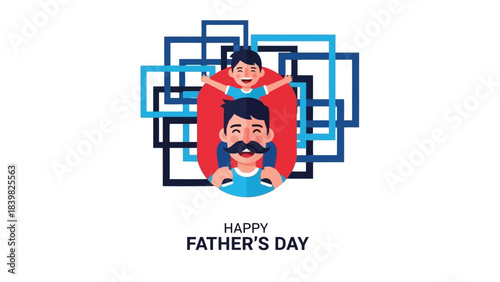 Happy Father's Day - Dad Carrying Son on Shoulders with Abstract Squares Background