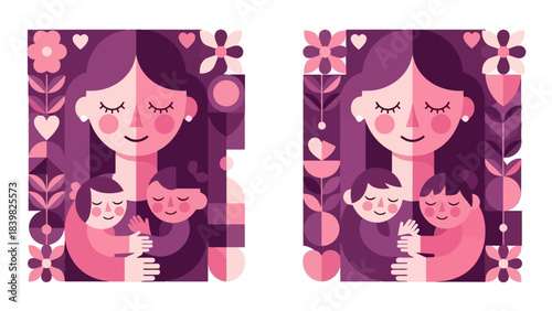 Mother Hugging Children Joyfully, Family Love and Care, Abstract Floral Background