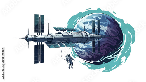 Futuristic Space Station with Astronaut and Orbiting Planet in Deep Space Illustration