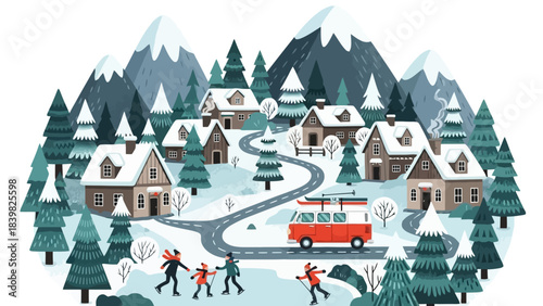 Cozy Winter Village Scene with Red Van and People Enjoying Outdoor Activities