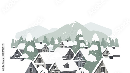 Charming Vector Illustration of a Snowy Village Nestled Amongst Winter Mountains and Trees