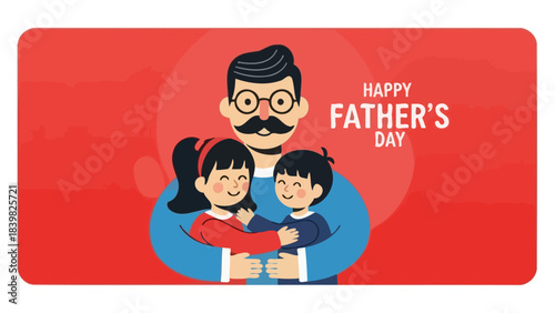 Happy Father's Day Flat Illustration: Father Embracing His Two Children with Joyful Expressions