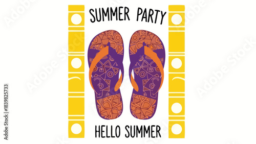 Summer Party Greeting with Colorful Flip-Flops and Geometric Patterns
