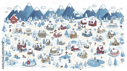 Charming Winter Village Scene with Snow-Covered Houses, Mountains, and Skiers
