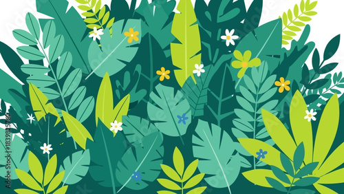 Lush Tropical Jungle Leaves and Flowers, Vibrant Greenery and Floral Elements Backdrop