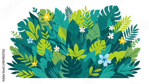 Vibrant Tropical Foliage and Flowers Illustration, Lush Green Jungle Leaves Pattern