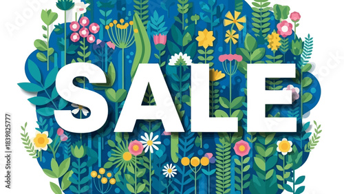 Sale Banner with Vibrant Spring Flowers and Greenery Pattern Background