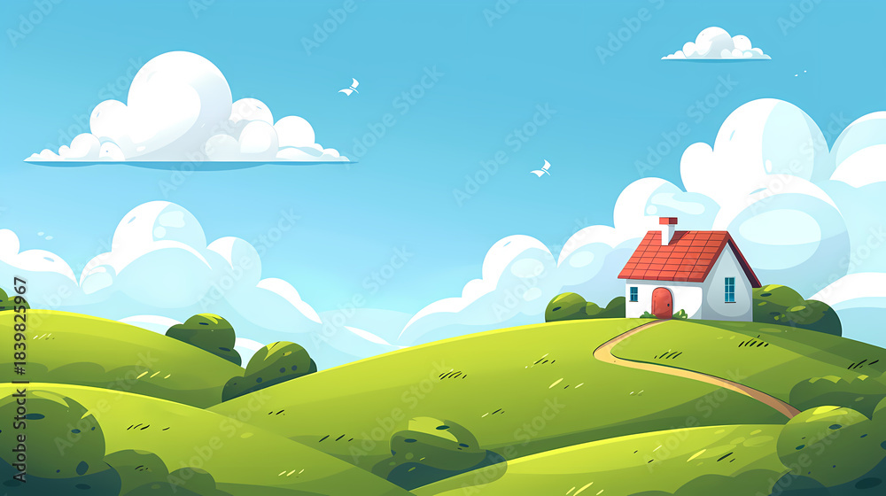 Fototapeta premium Cartoonish Countryside Landscape with Cottage