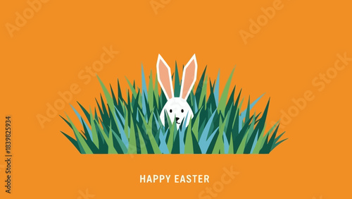 Minimalist Easter Bunny Peeking Through Tall Grass on Orange Background
