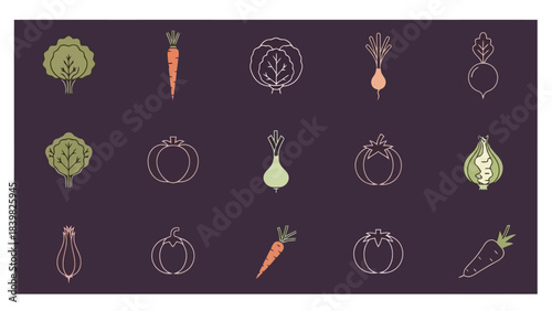 Collection of stylized, minimalist vegetable icons on a dark background, flat design