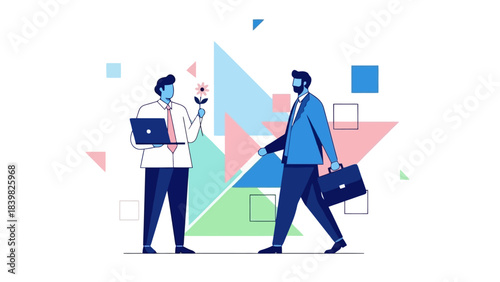 Diverse businessmen collaborating with flower and laptop in abstract geometric background