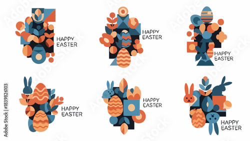 Happy Easter Celebration with Geometric Shapes, Eggs, and Bunny Elements