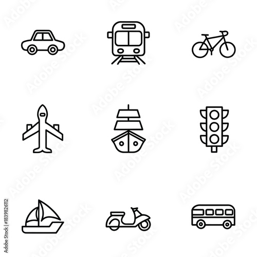 Nine simple black line icons representing various modes of transport and traffic control