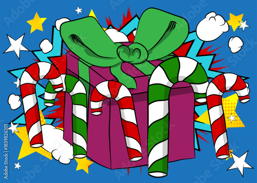 Comic Book Product podium stage for mockup presentation with Gift Box and Candy cane. Retro comics background.