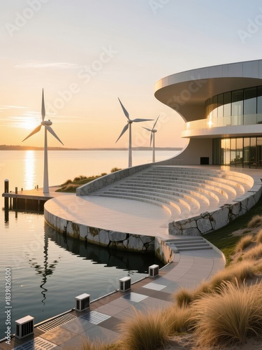 Modern sustainable architecture with wind turbines at sunset by the water