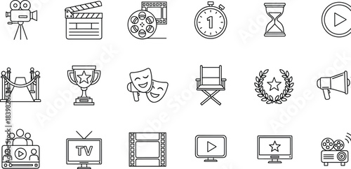 This image features a collection of outline icons related to the film industry, movie production, cinema, entertainment, and awards, presented in a clean, vector line art style.