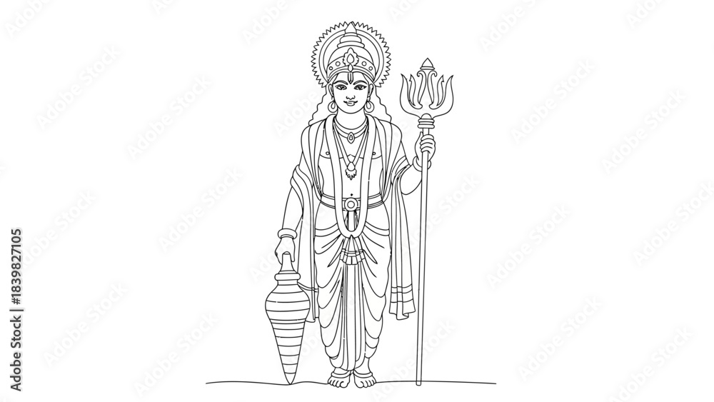 Obraz premium Detailed line illustration of a revered deity holding a trident and a vessel