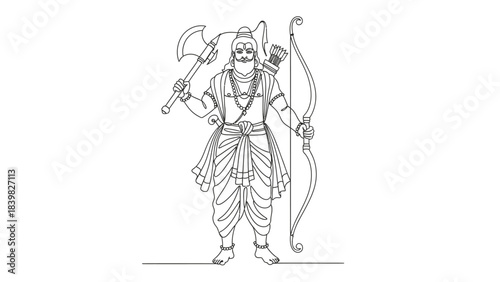 Intricate Line Art of a Mythological Archer Deity with Traditional Attire and