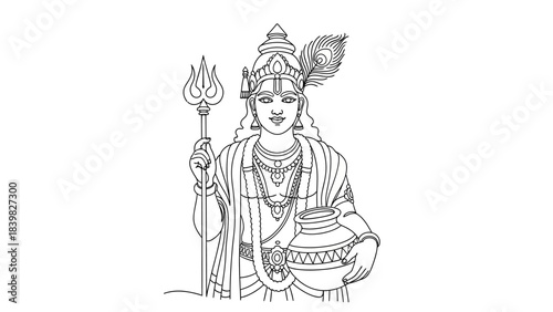 Intricate Line Art of a Traditional Hindu Deity Holding a Trident and Pot in a