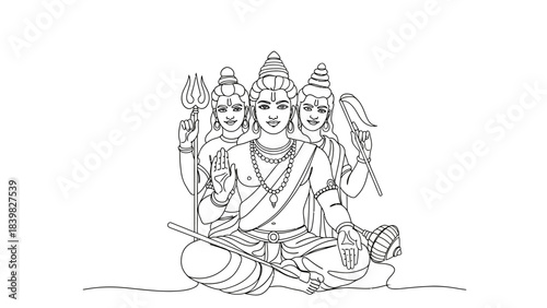 Intricate Line Art Depiction of Deities in Traditional Hindu Meditation Posture