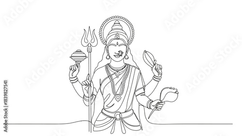 Minimalist Line Drawing of a Female Hindu Deity with Multiple Arms Holding